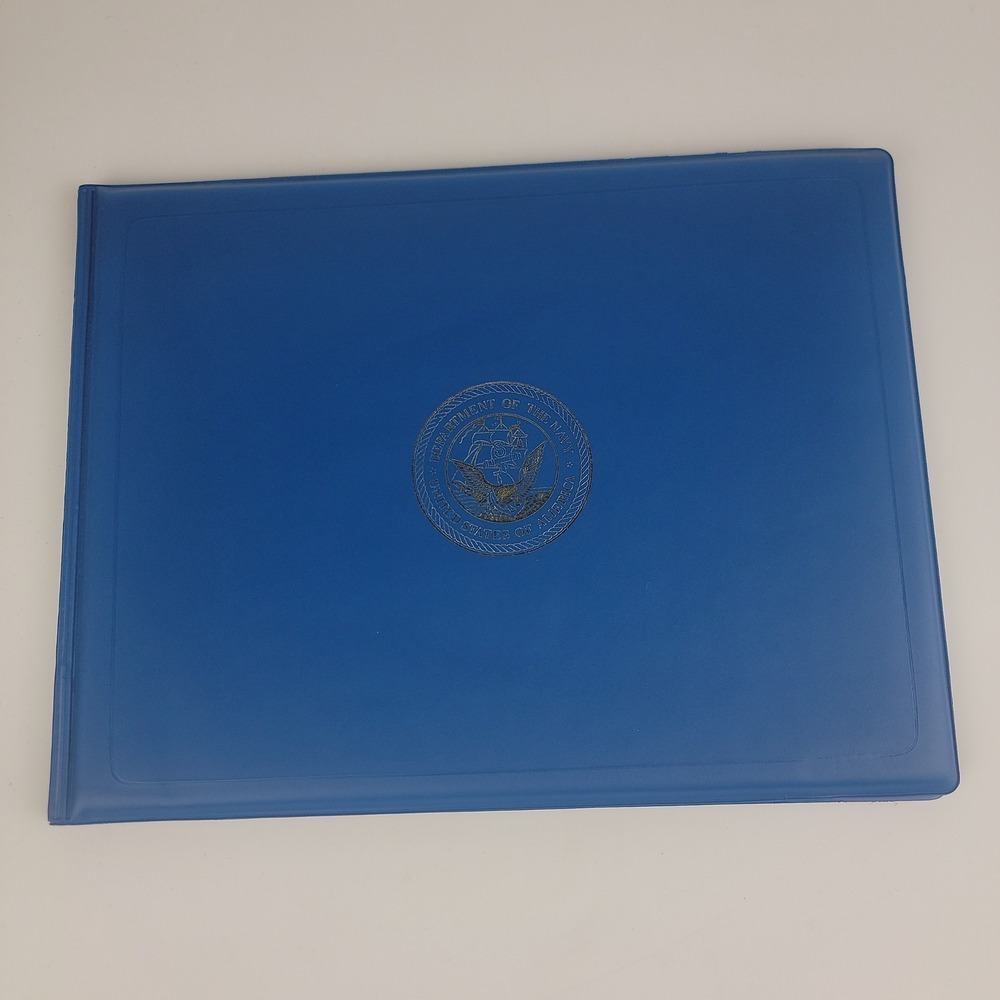 US Navy Certificate Holder Blue Padded Folder Gold Embossed Military Award Cover